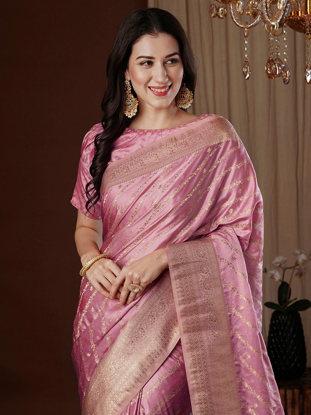 Satin Silk Pink Woven Design Designer Saree With Blouse