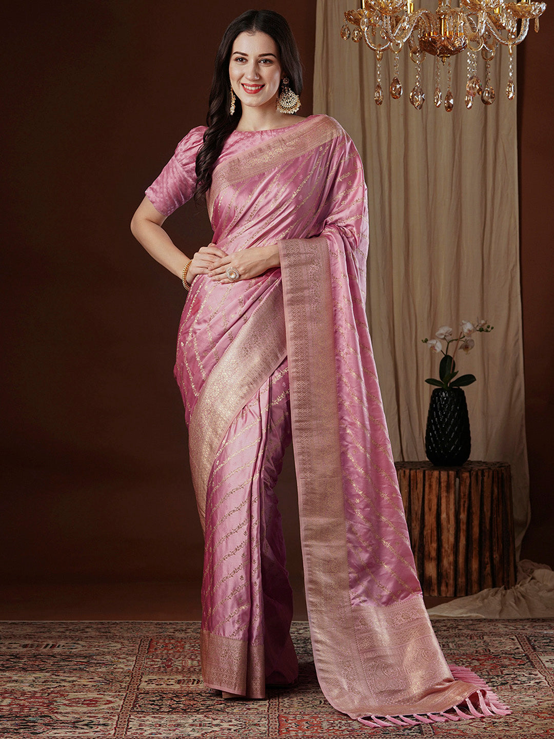 Satin Silk Pink Woven Design Designer Saree With Blouse