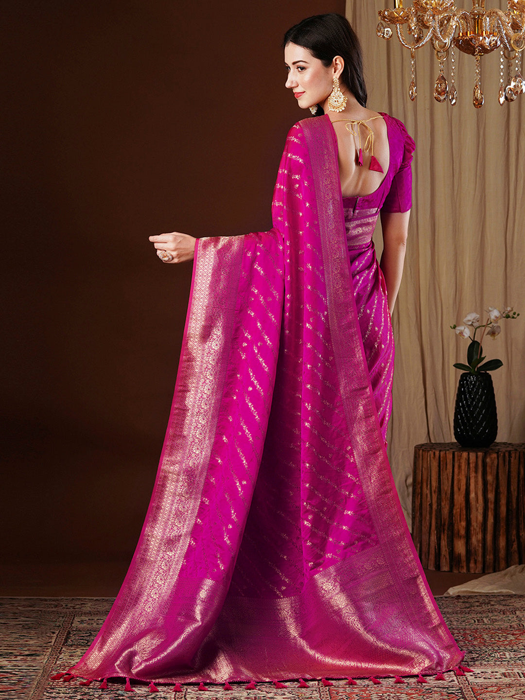 Satin Silk Pink Woven Design Designer Saree With Blouse