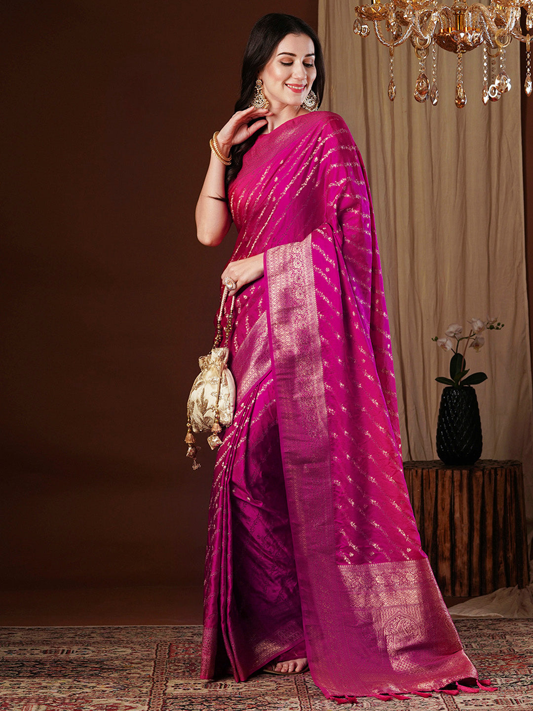 Satin Silk Pink Woven Design Designer Saree With Blouse