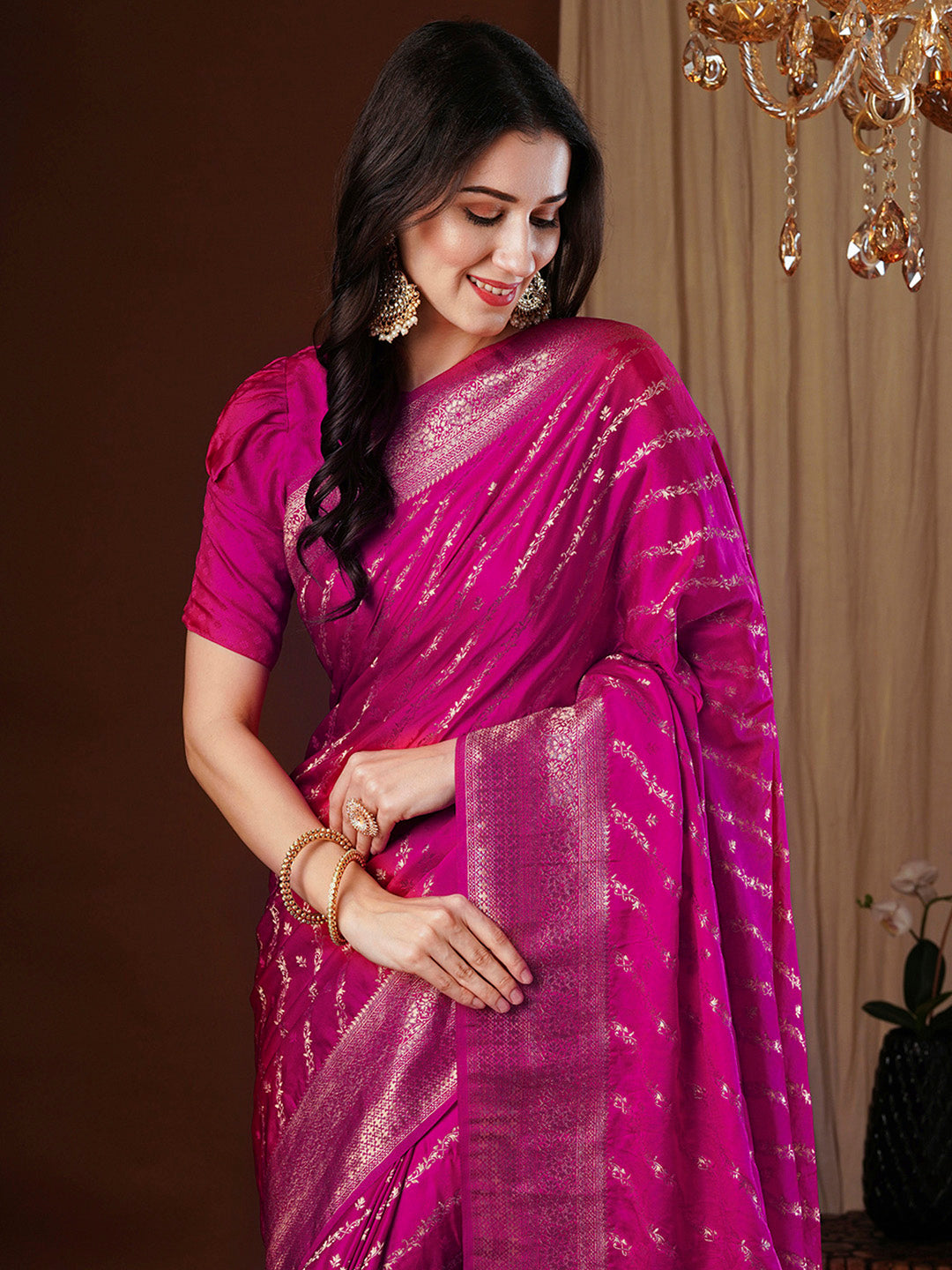 Satin Silk Pink Woven Design Designer Saree With Blouse