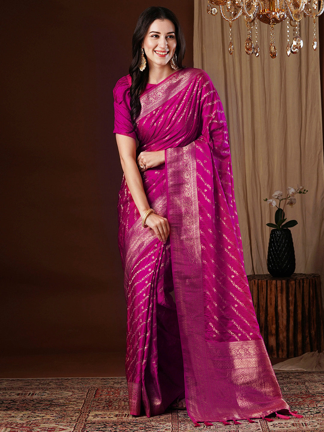 Satin Silk Pink Woven Design Designer Saree With Blouse