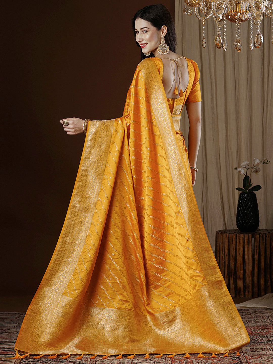 Satin Silk Yellow Woven Design Designer Saree With Blouse