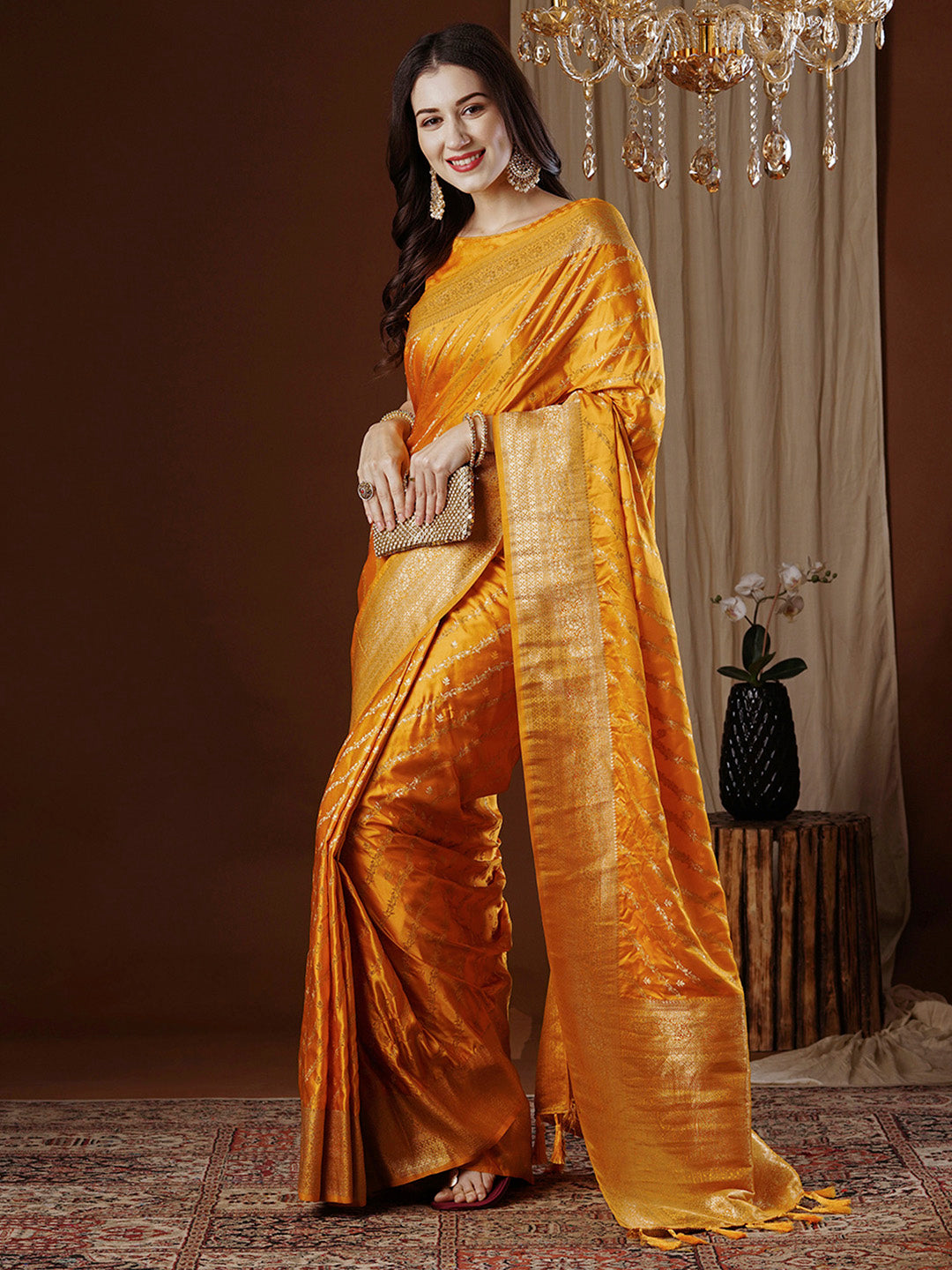 Satin Silk Yellow Woven Design Designer Saree With Blouse