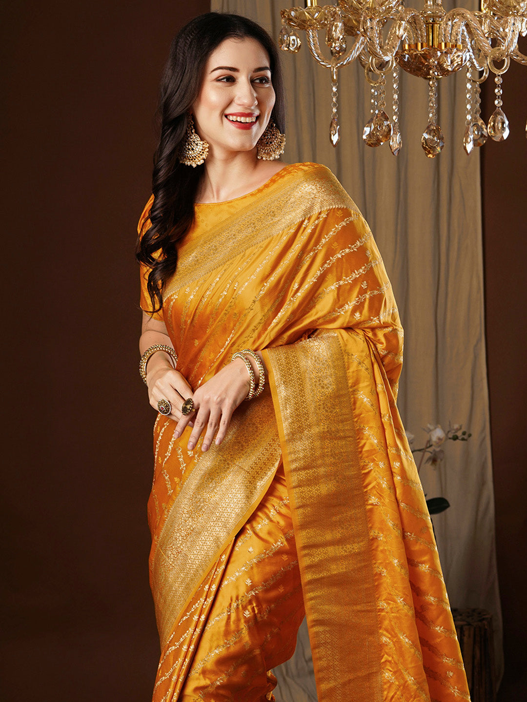 Satin Silk Yellow Woven Design Designer Saree With Blouse