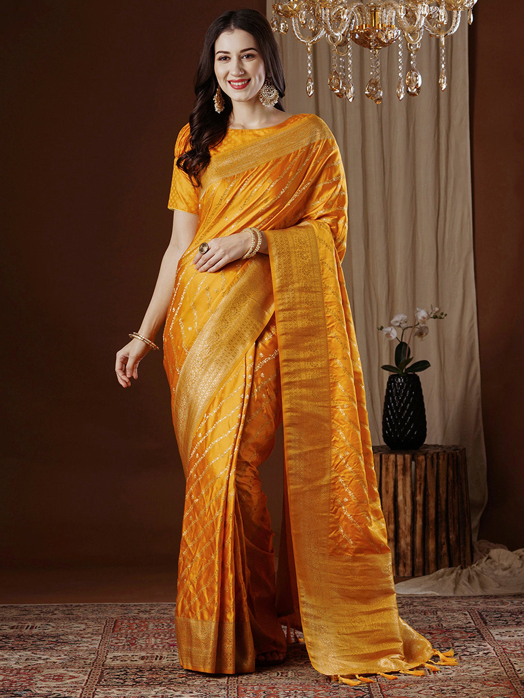 Satin Silk Yellow Woven Design Designer Saree With Blouse