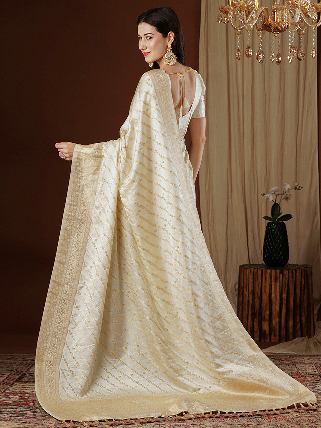 Satin Silk Off White Woven Design Designer Saree With Blouse