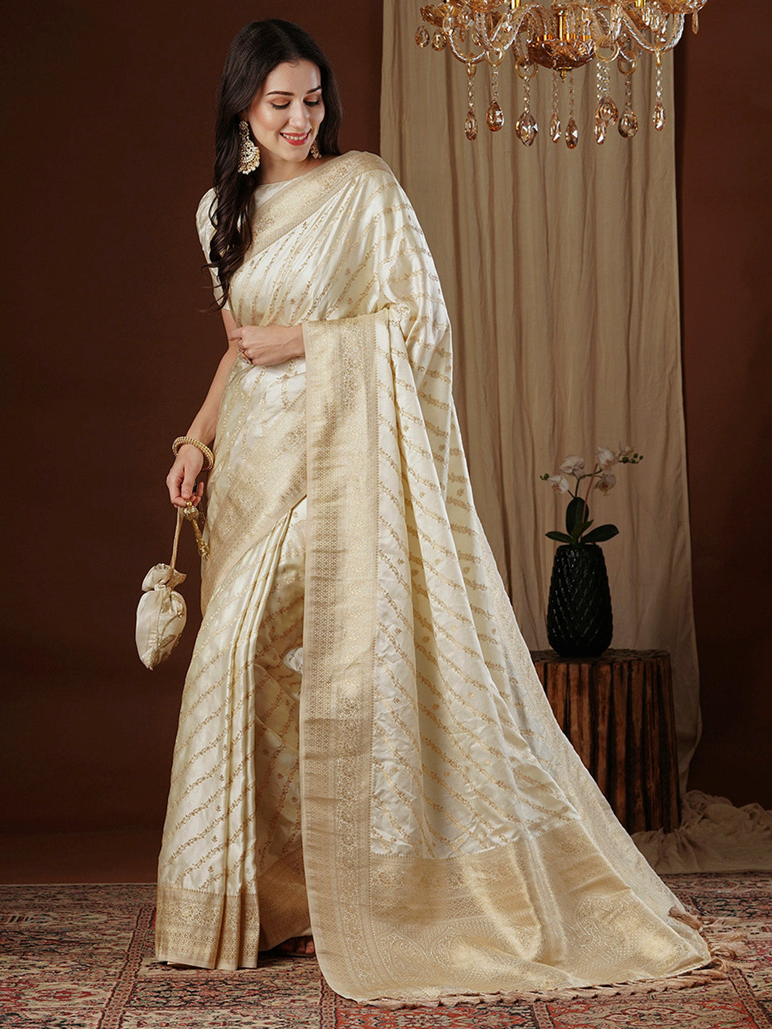 Satin Silk Off White Woven Design Designer Saree With Blouse