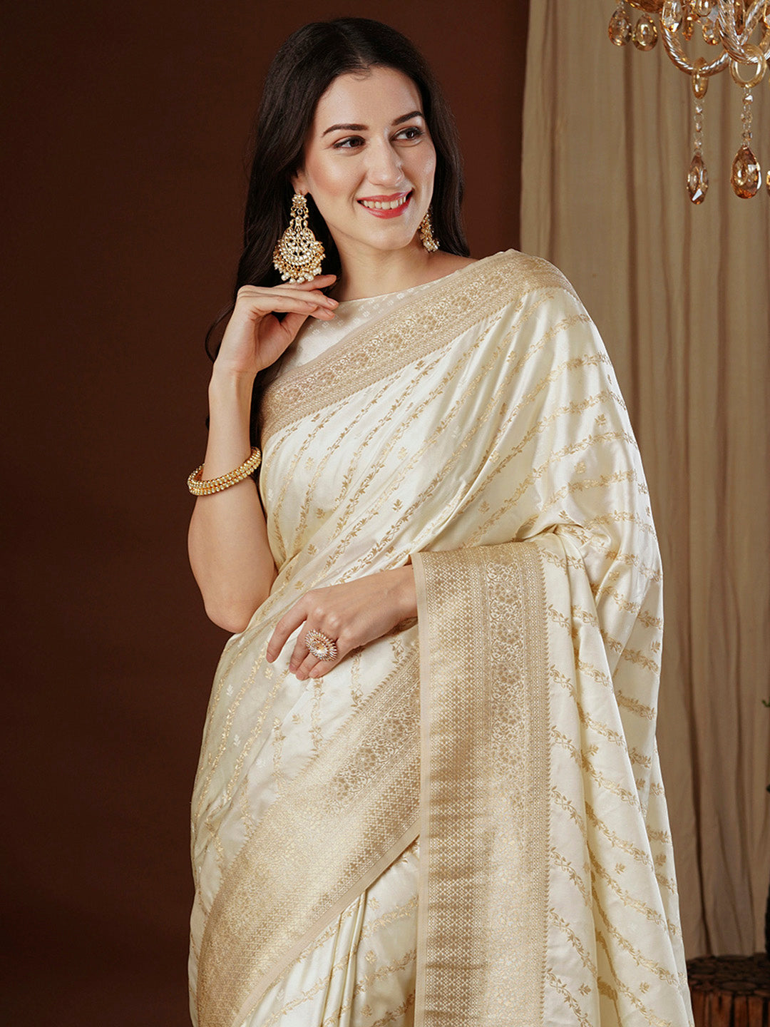 Satin Silk Off White Woven Design Designer Saree With Blouse