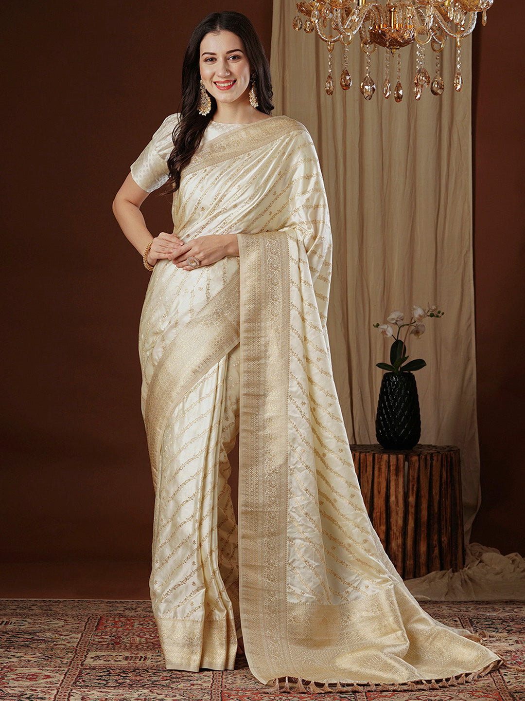 Satin Silk Off White Woven Design Designer Saree With Blouse