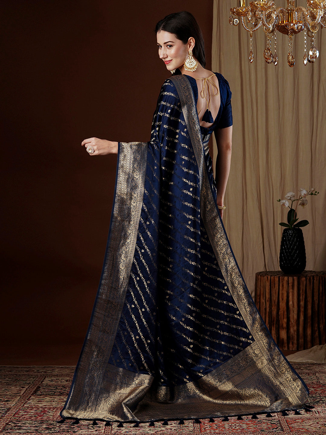 Satin Silk Navy Blue Woven Design Designer Saree With Blouse