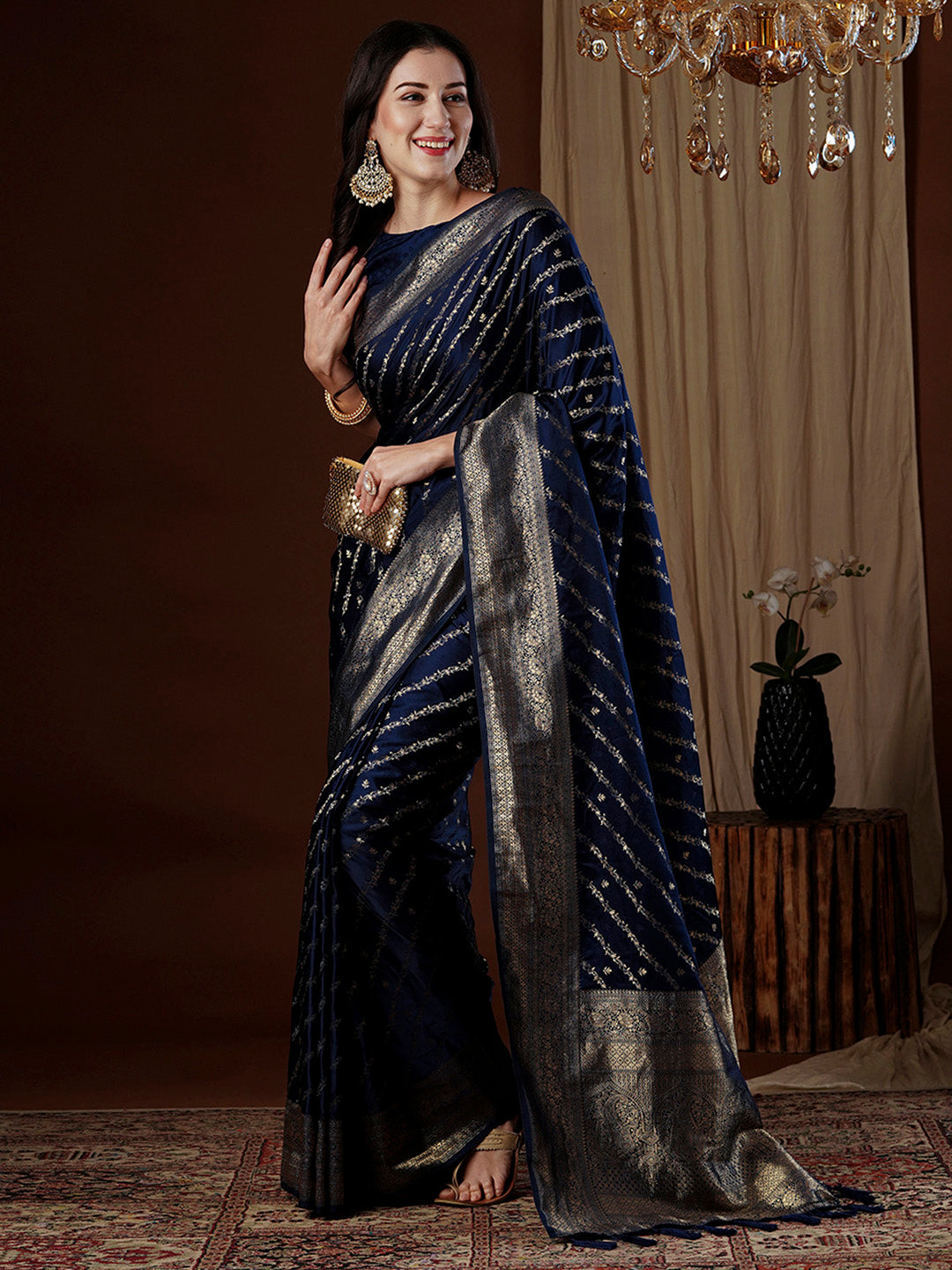 Satin Silk Navy Blue Woven Design Designer Saree With Blouse