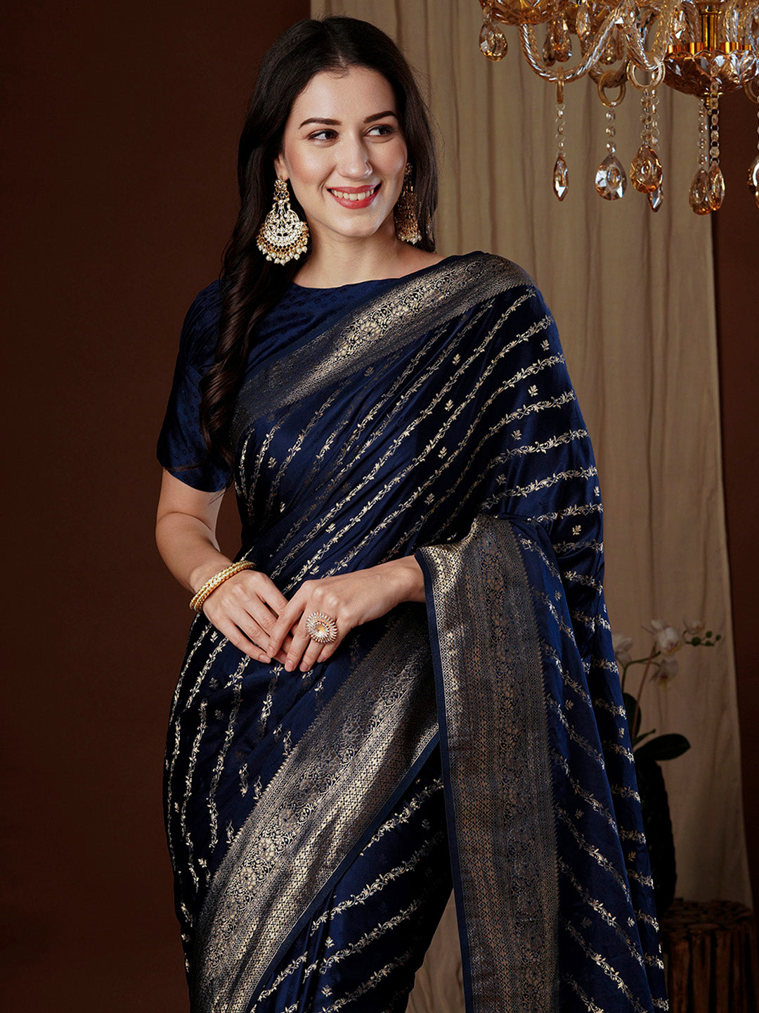 Satin Silk Navy Blue Woven Design Designer Saree With Blouse