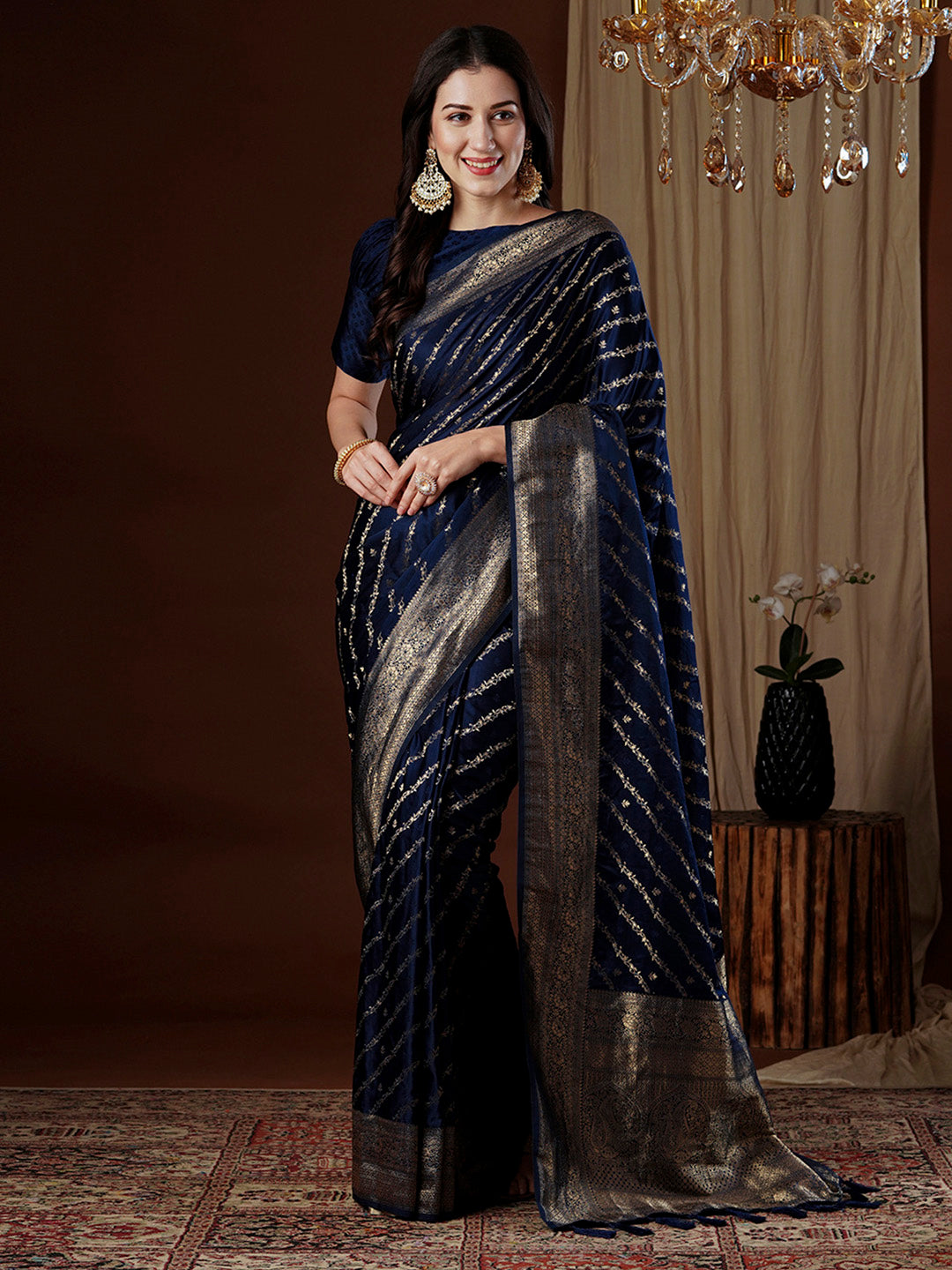 Satin Silk Navy Blue Woven Design Designer Saree With Blouse