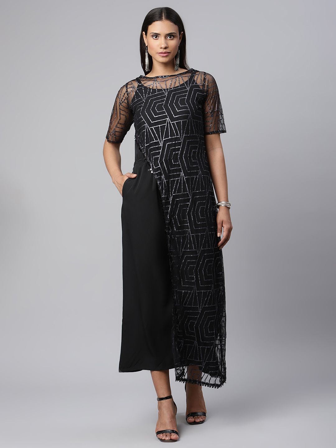 Black Crepe & Net Glitter Print Jumpsuit