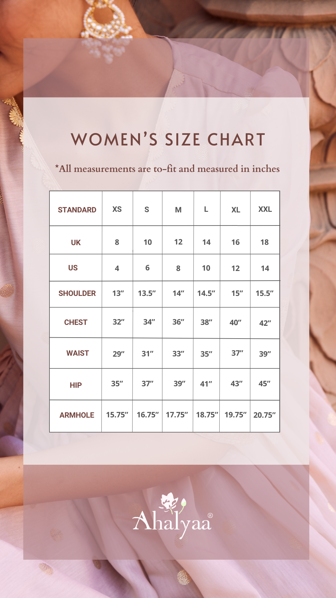 Ahalya Women���s size chart Non-plus size