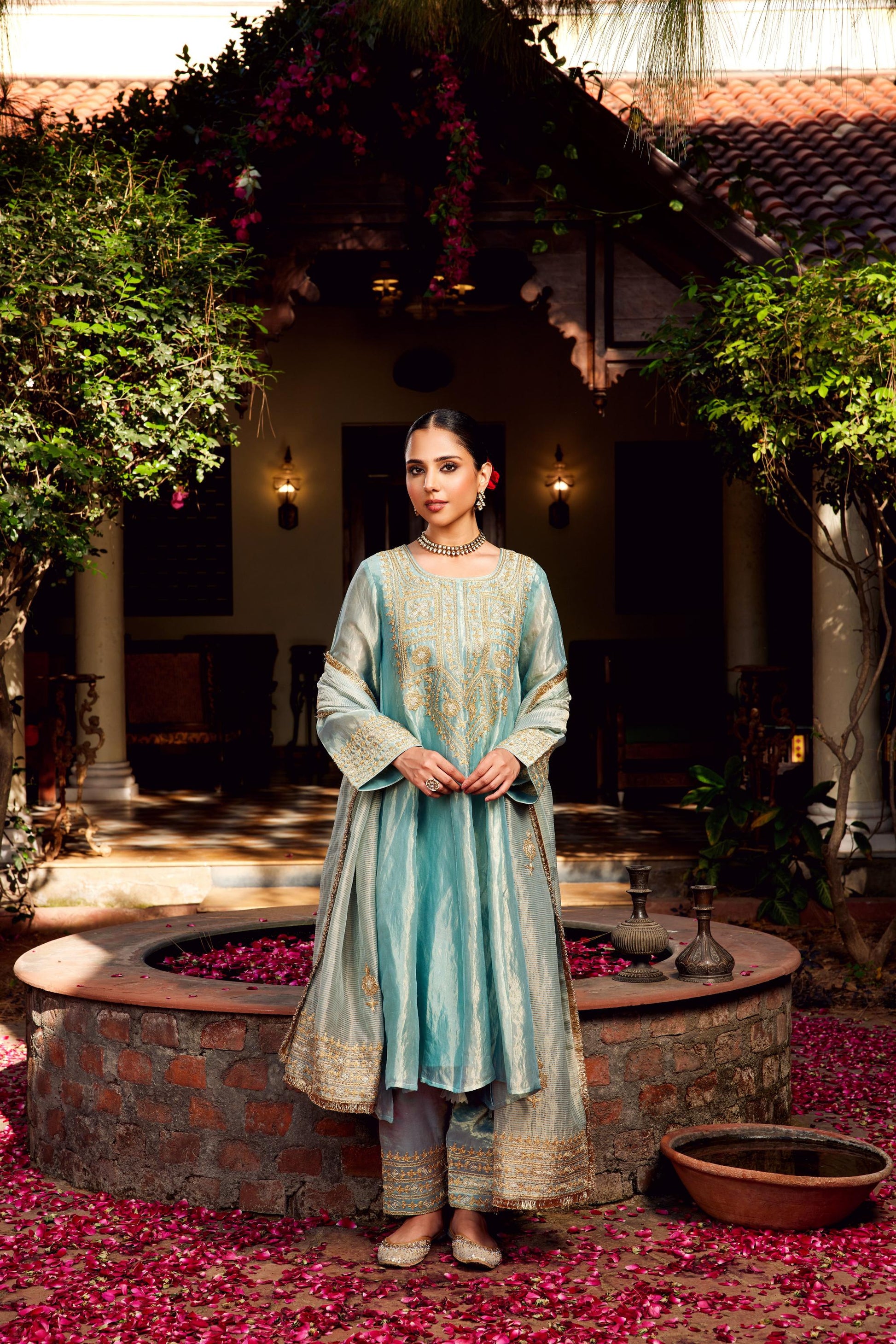 Aqua Blue Tissue Anarkali Inayat Kurta Set of 3