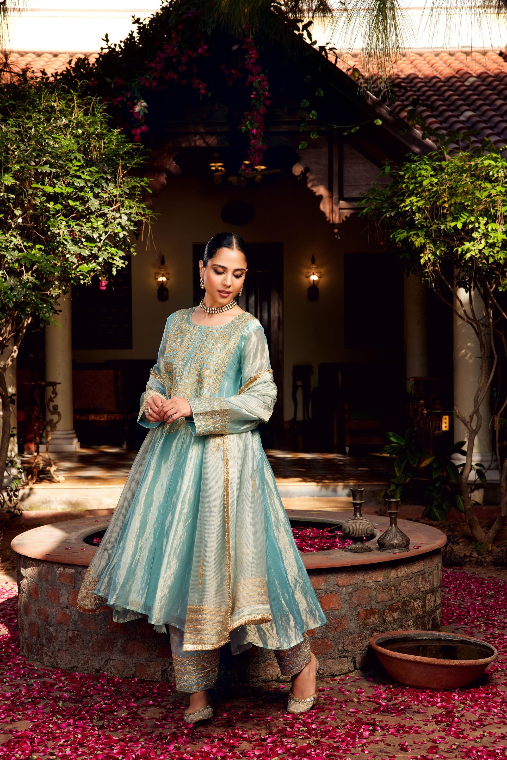 Aqua Blue Tissue Anarkali Inayat Kurta Set of 3