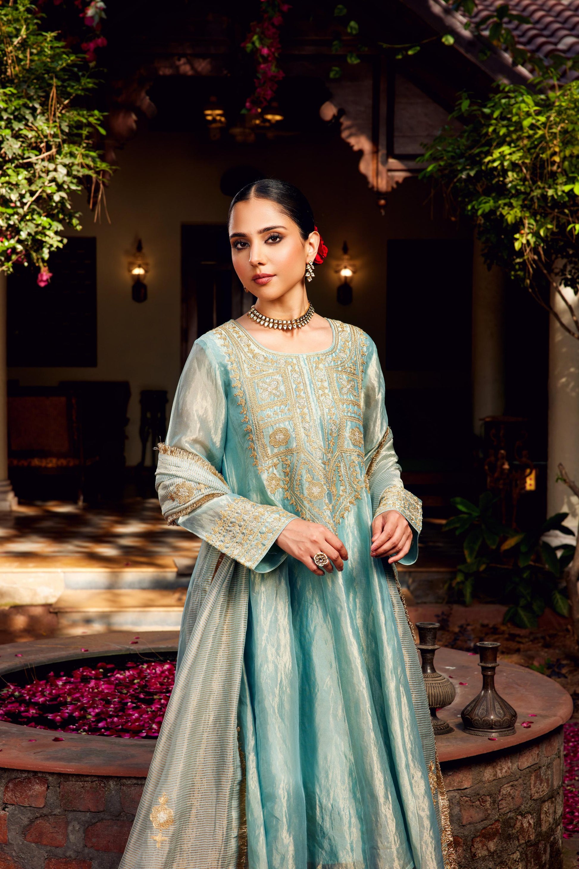 Aqua Blue Tissue Anarkali Inayat Kurta Set of 3