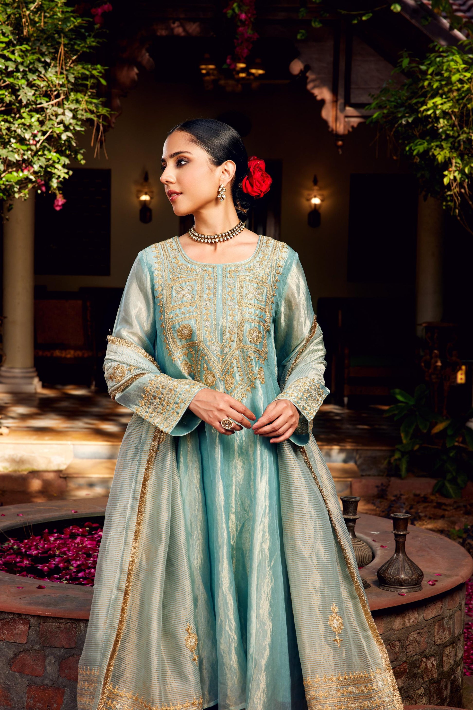 Aqua Blue Tissue Anarkali Inayat Kurta Set of 3