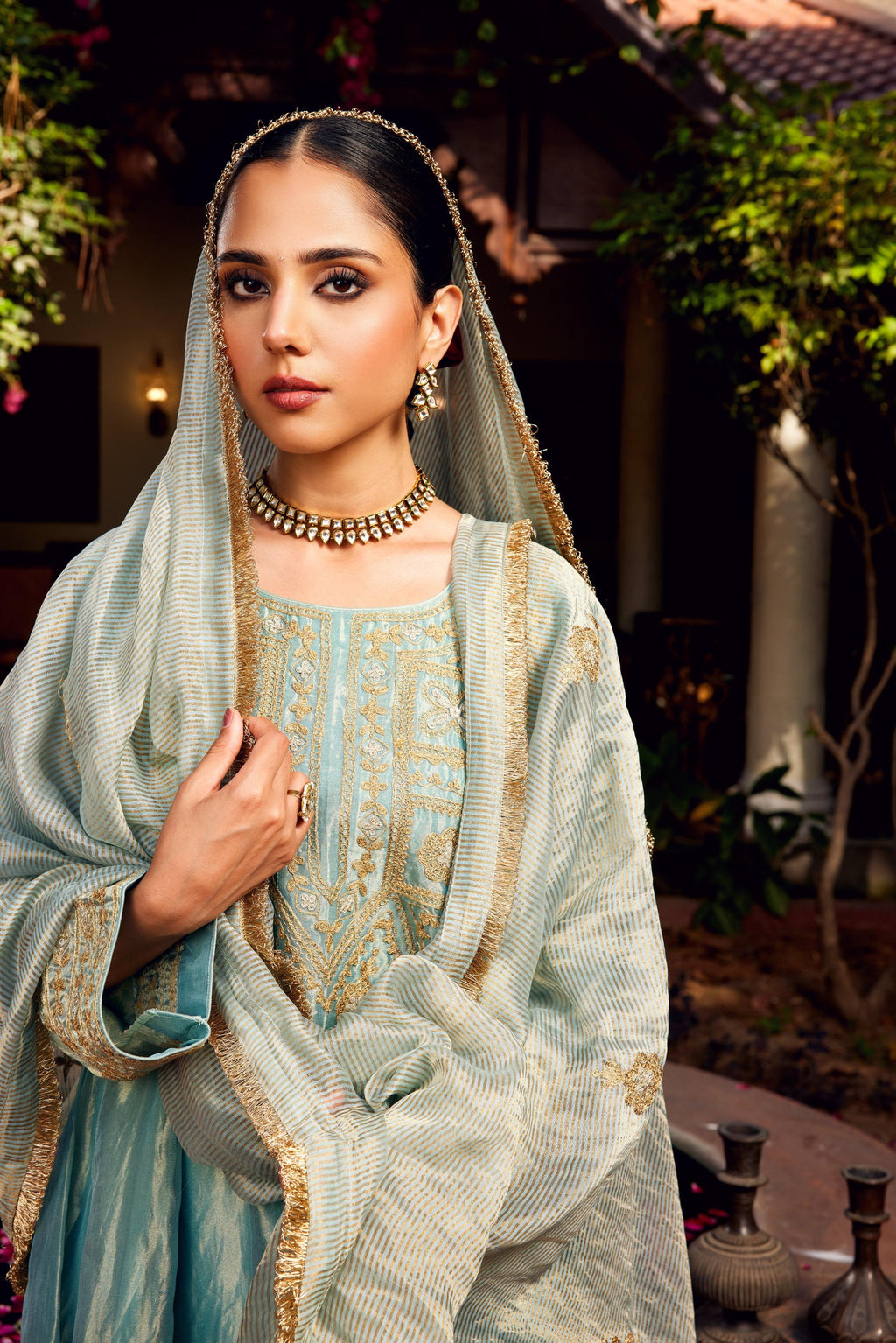Aqua Blue Tissue Anarkali Inayat Kurta Set of 3- IT