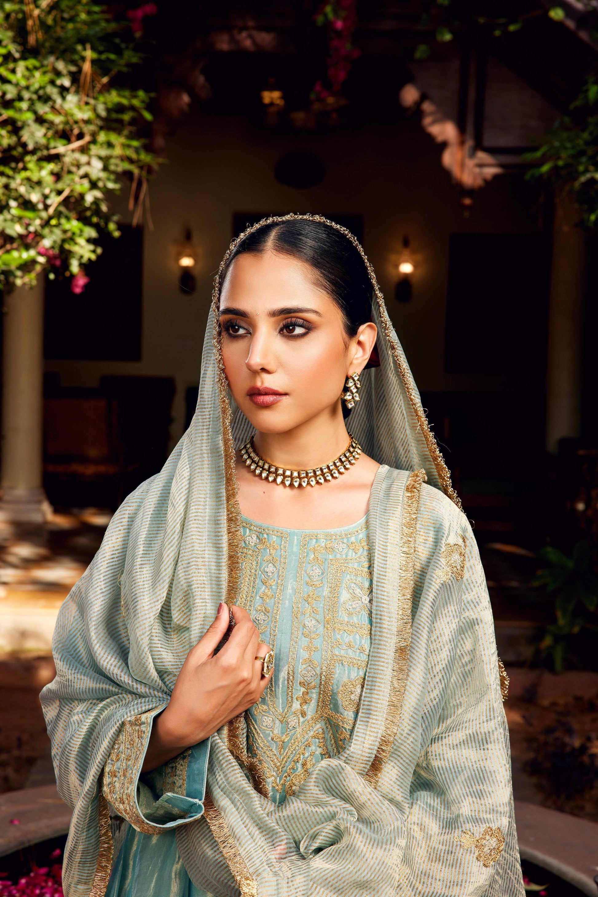 Aqua Blue Tissue Anarkali Inayat Kurta Set of 3
