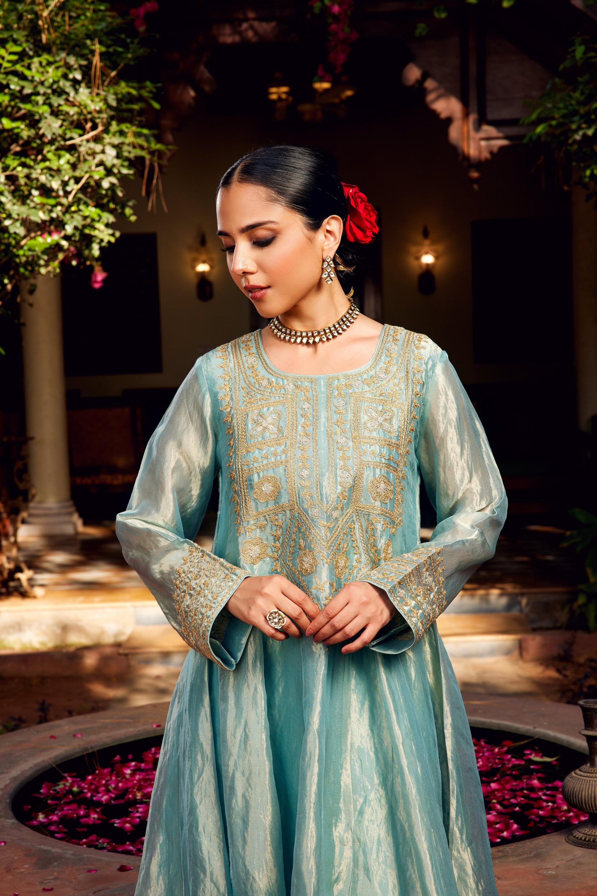 Aqua Blue Tissue Anarkali Inayat Kurta Set of 3