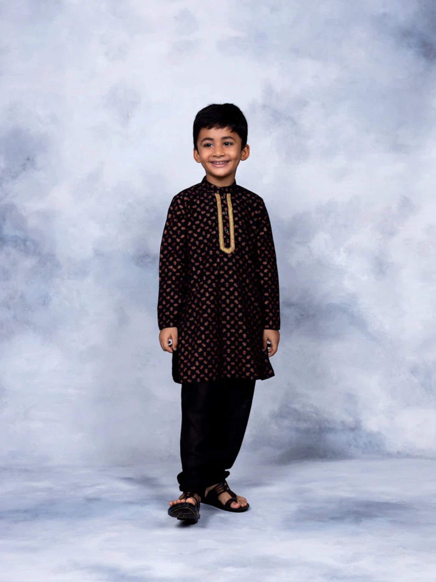 Boys Black Gold Pigment Print Kids Kurta Churidar Set