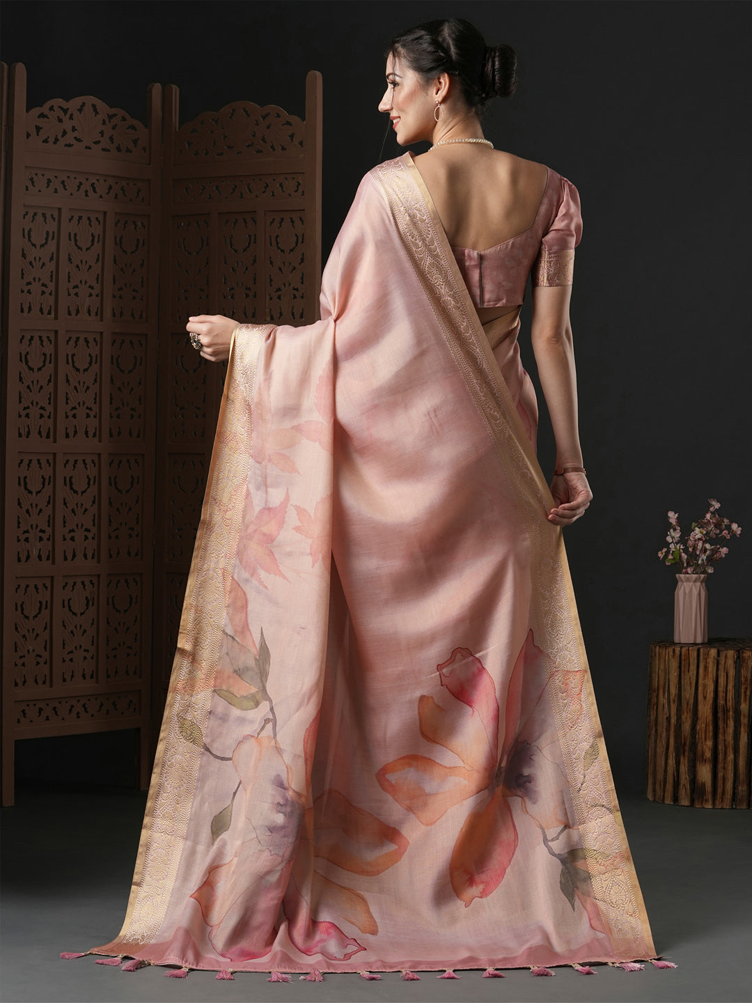 Kanjeevaram Silk Pink Printed Designer Saree With Blouse