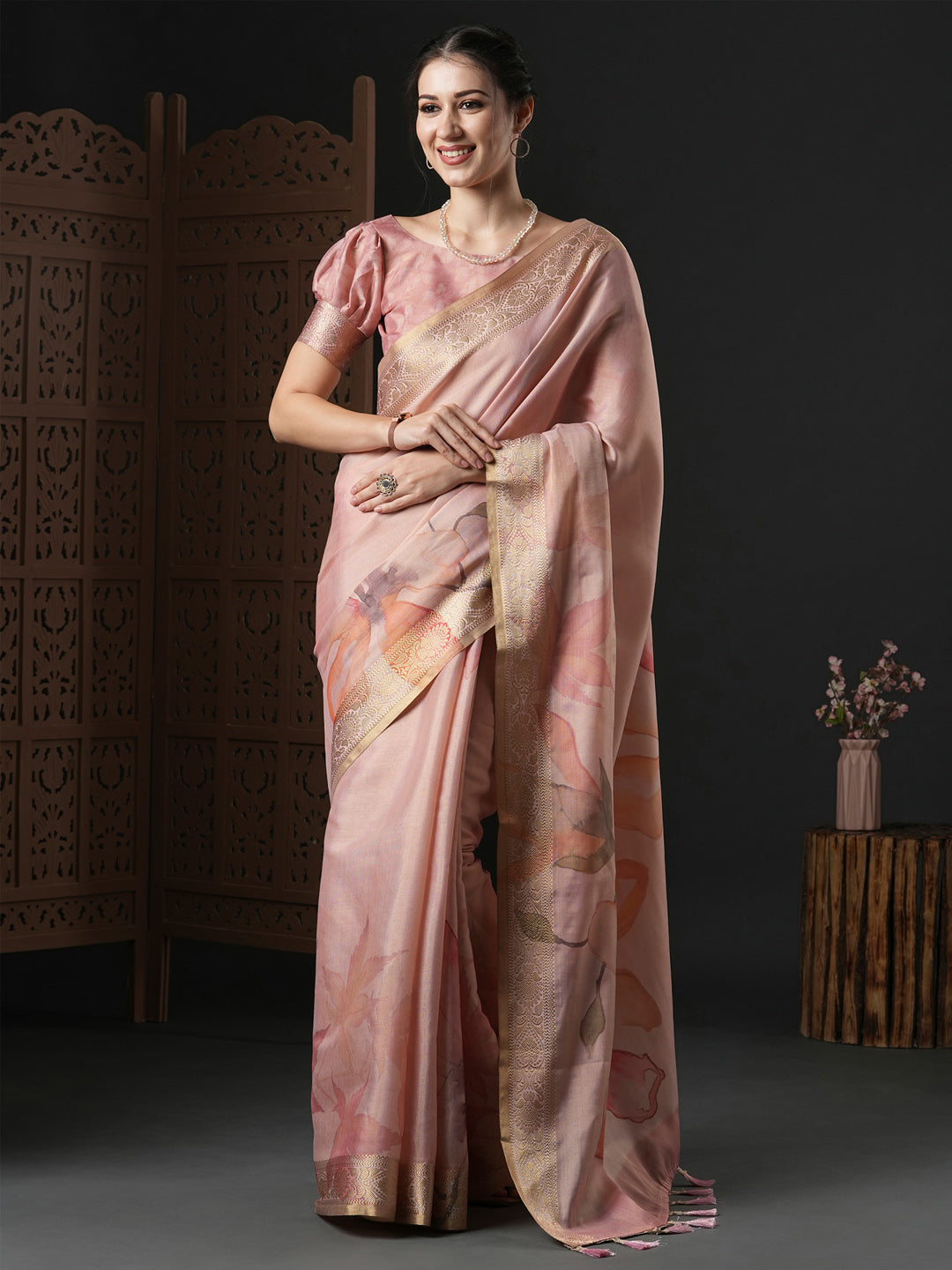 Kanjeevaram Silk Pink Printed Designer Saree With Blouse
