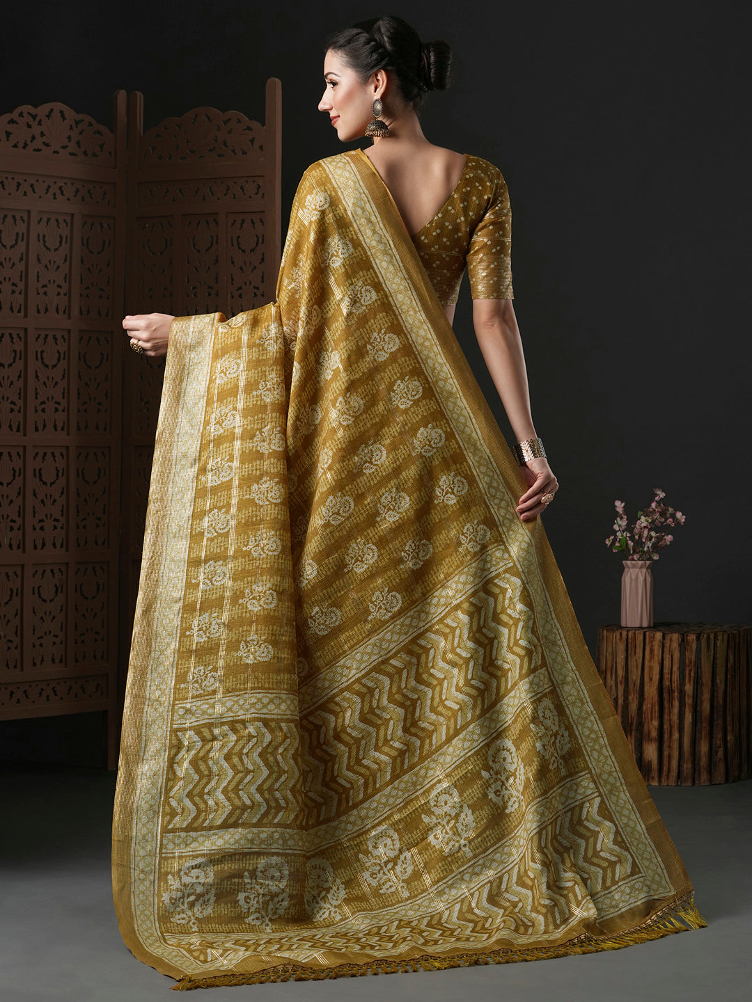 Kota Doria Cotton Mustard Printed Designer Saree With Blouse