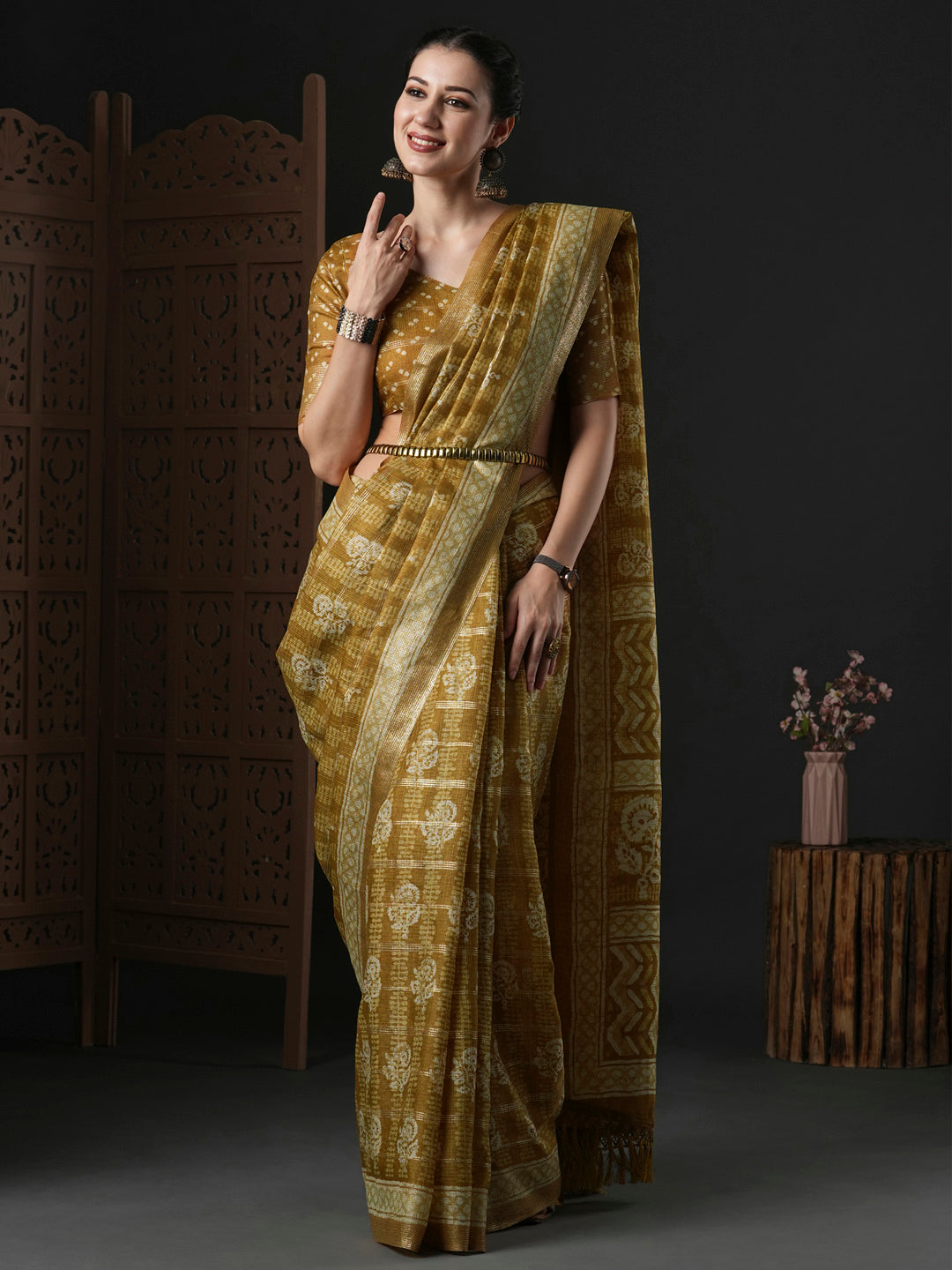 Kota Doria Cotton Mustard Printed Designer Saree With Blouse