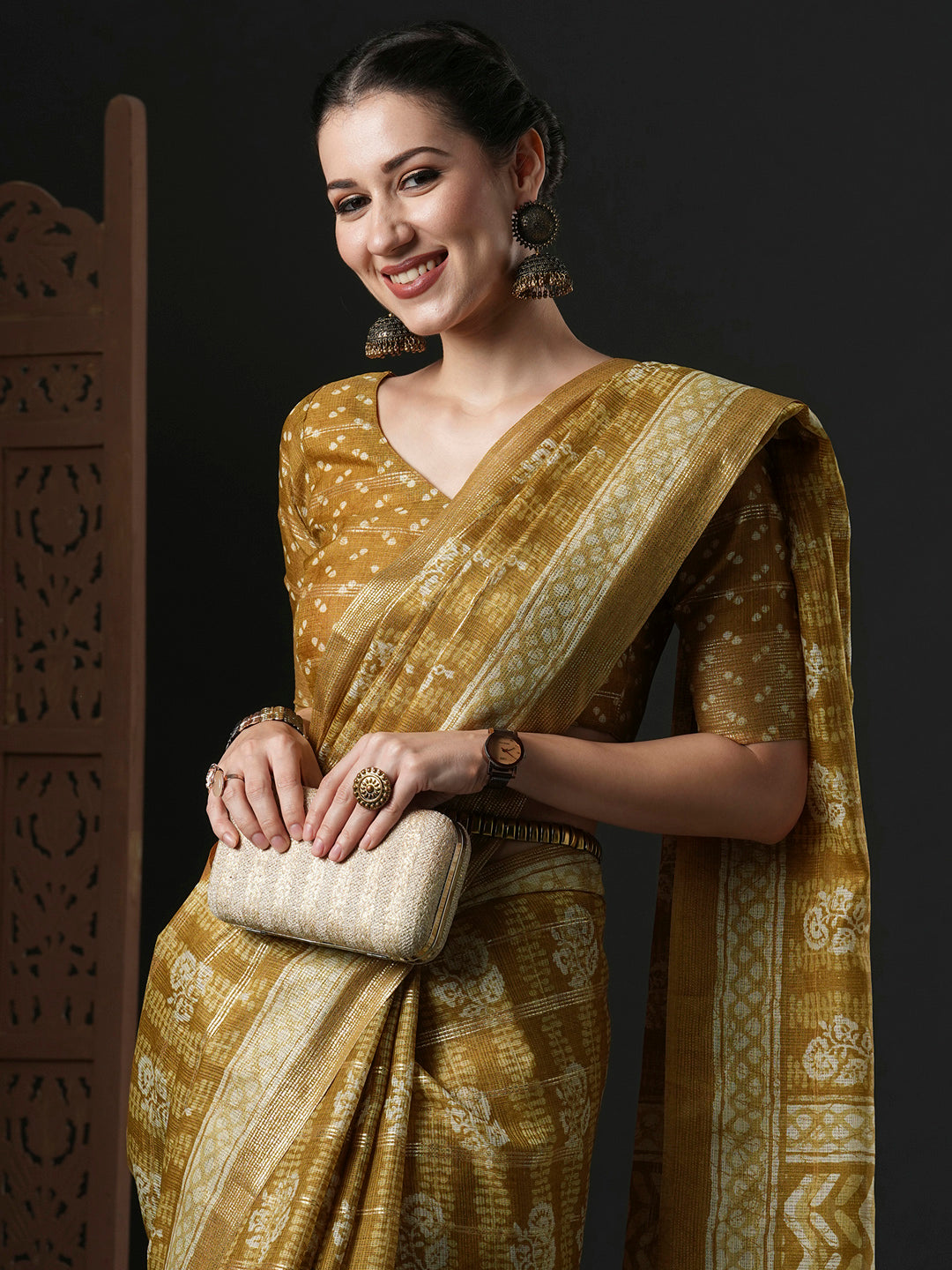 Kota Doria Cotton Mustard Printed Designer Saree With Blouse