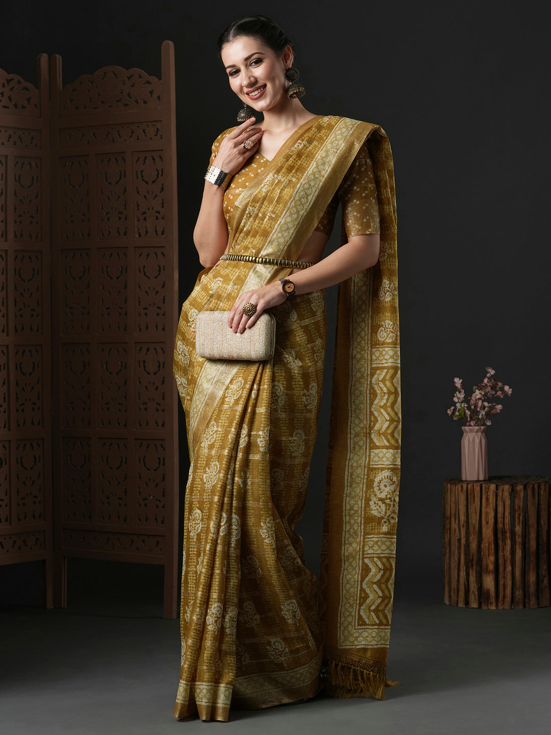 Kota Doria Cotton Mustard Printed Designer Saree With Blouse