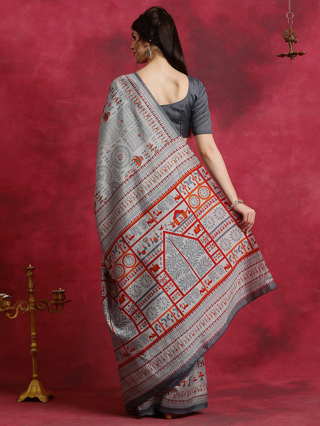 Bhagalpuri Silk Grey Printed Designer Saree With Blouse