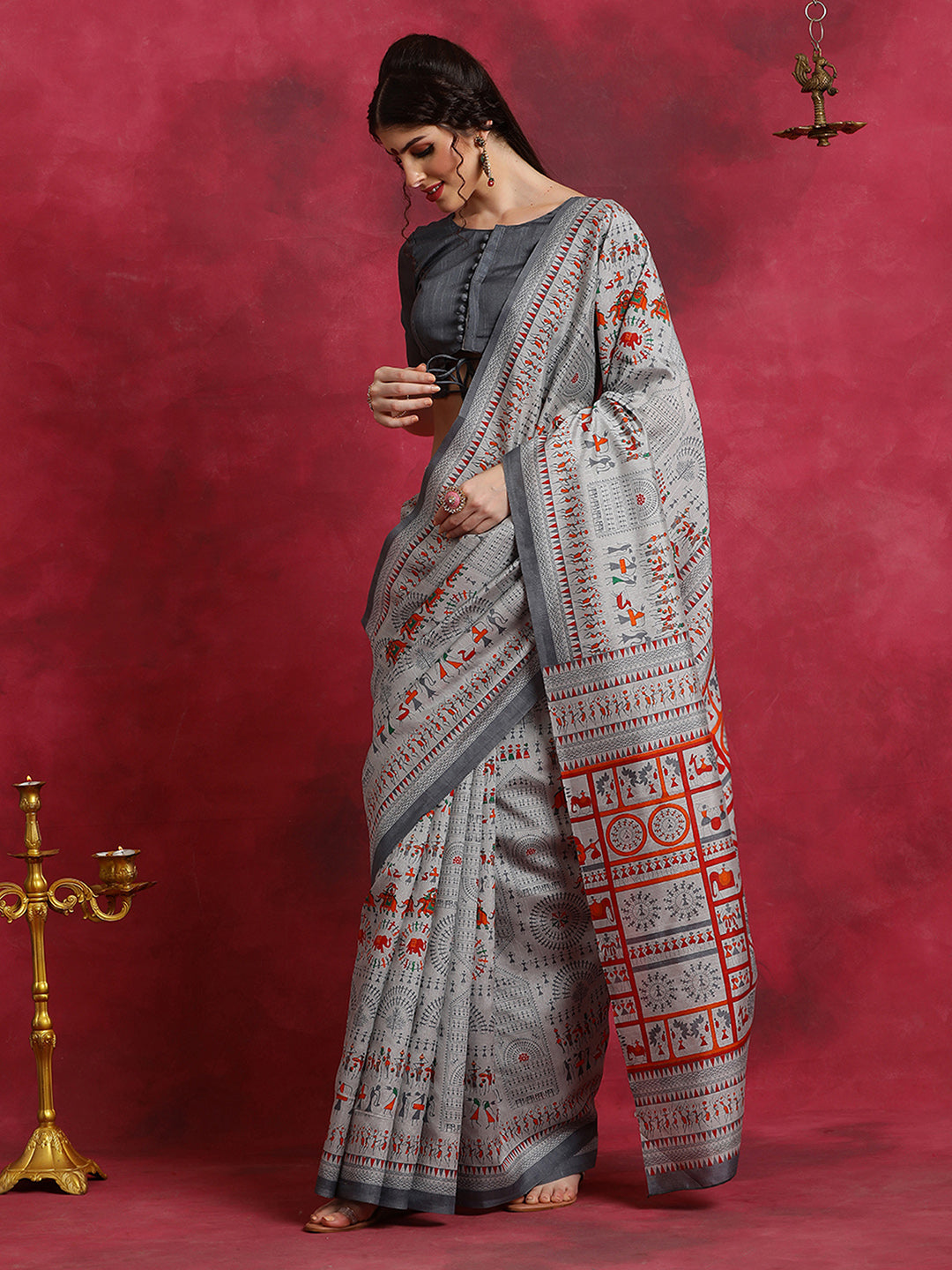 Bhagalpuri Silk Grey Printed Designer Saree With Blouse