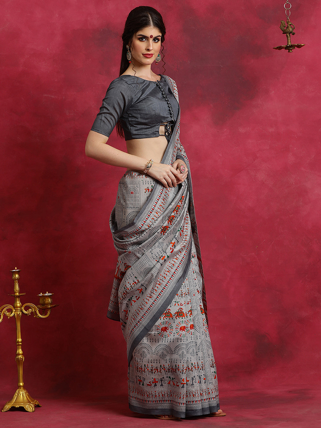 Bhagalpuri Silk Grey Printed Designer Saree With Blouse