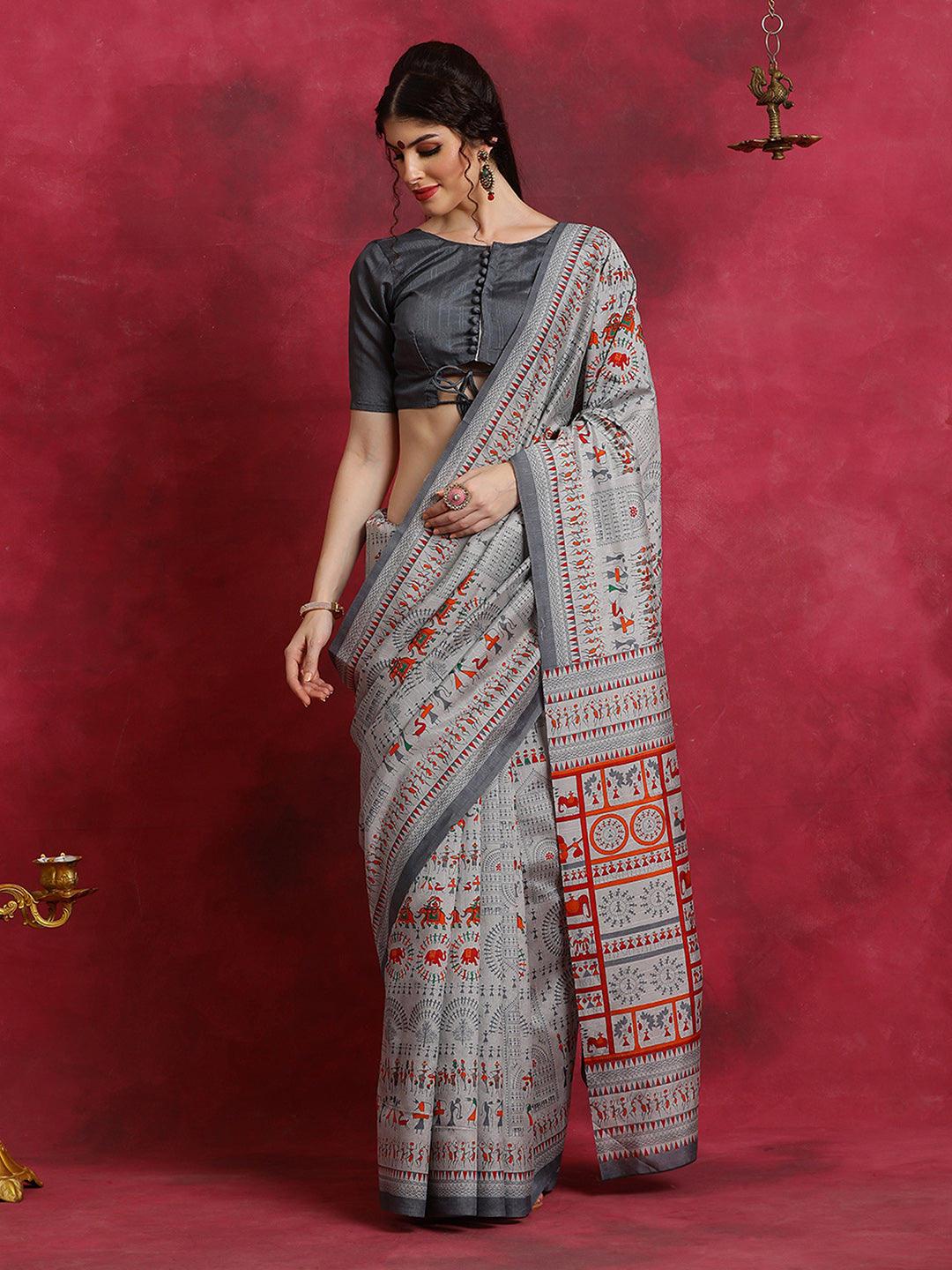 Bhagalpuri Silk Grey Printed Designer Saree With Blouse