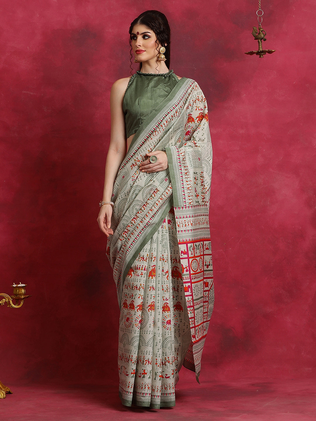 Bhagalpuri Silk Light Green Printed Designer Saree With Blouse