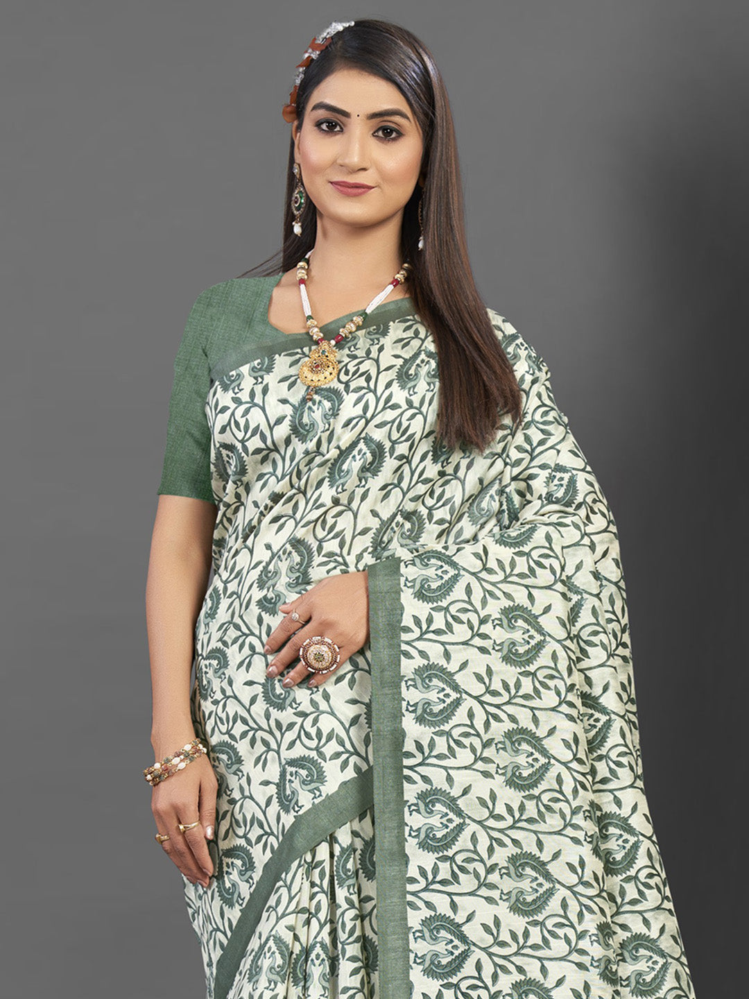 Bhagalpuri Silk Off White Printed Designer Saree With Blouse