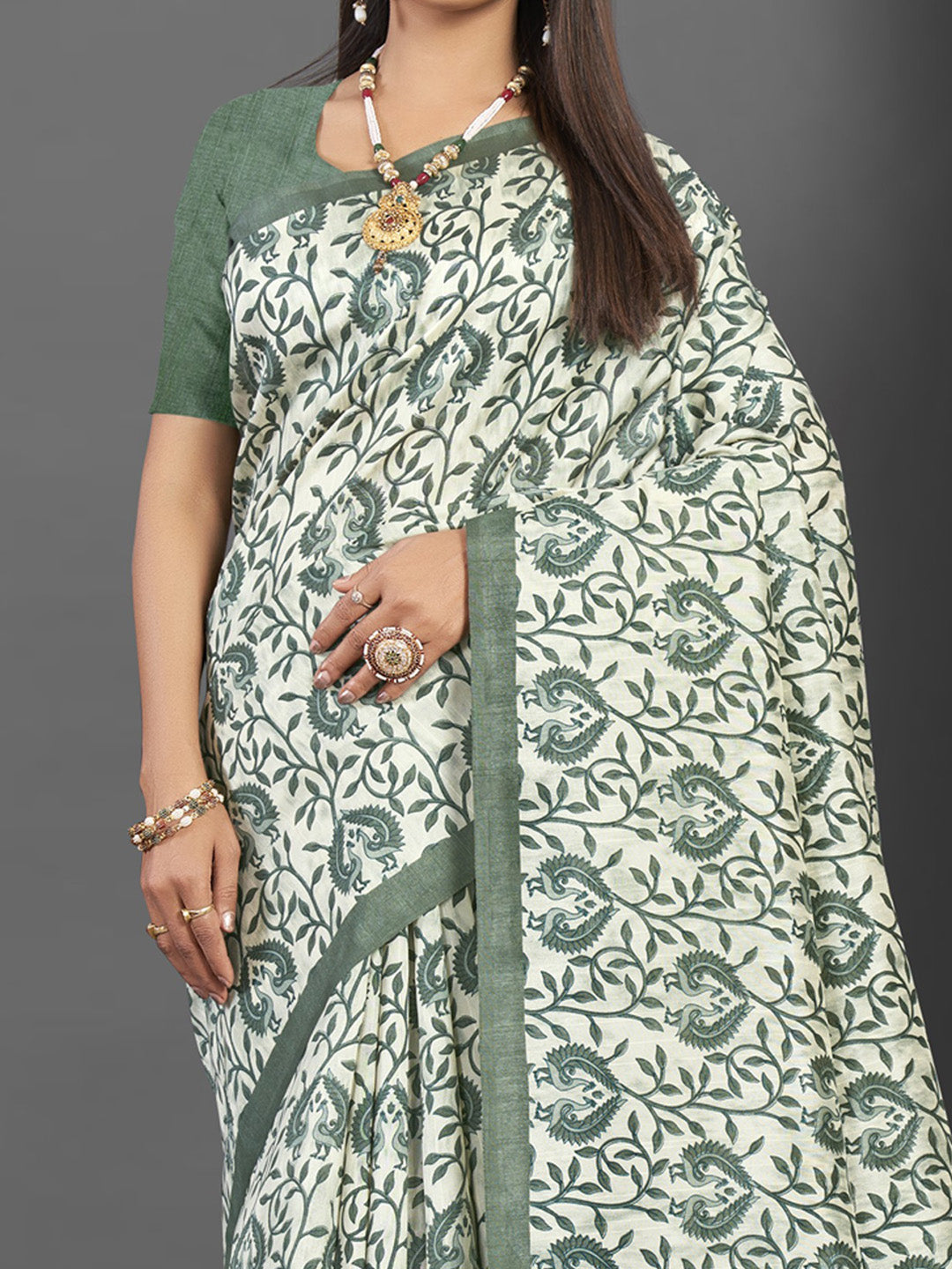 Bhagalpuri Silk Off White Printed Designer Saree With Blouse