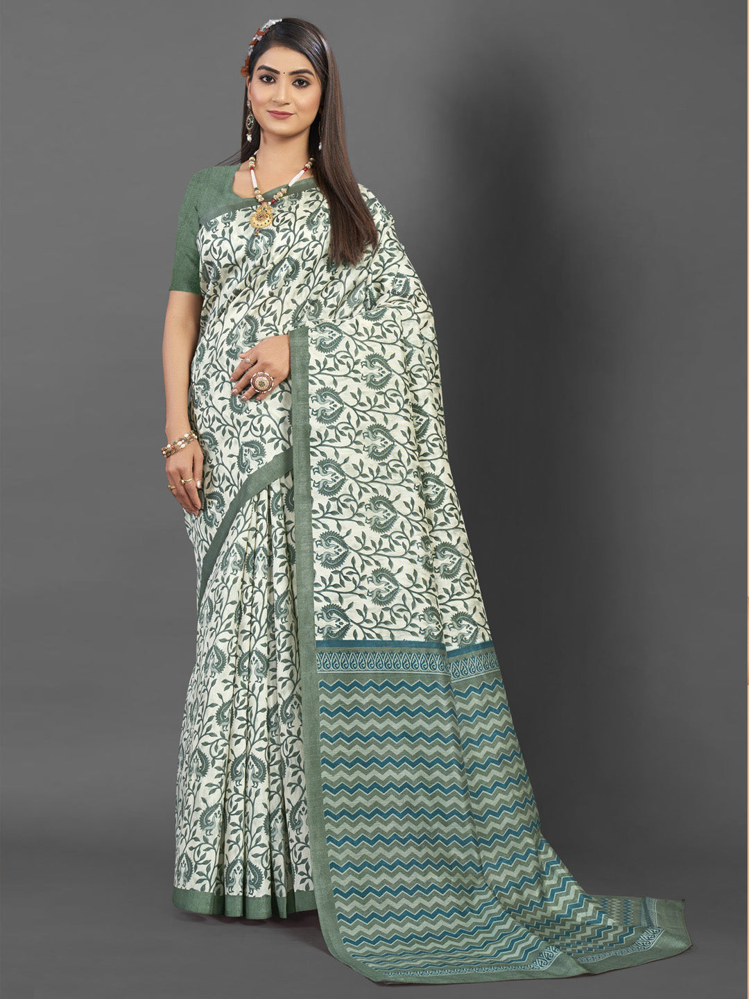 Bhagalpuri Silk Off White Printed Designer Saree With Blouse