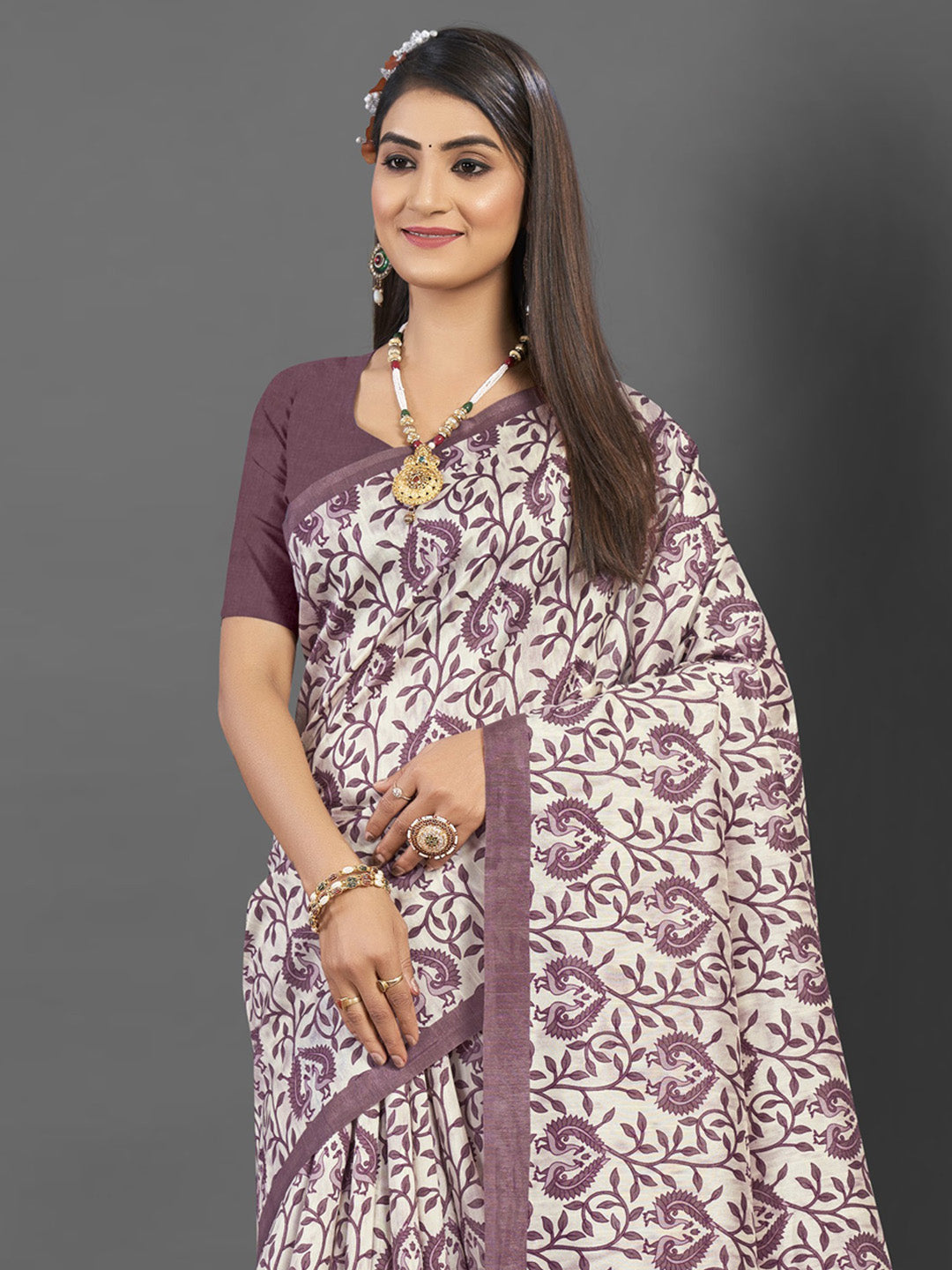 Bhagalpuri Silk Off White Printed Designer Saree With Blouse