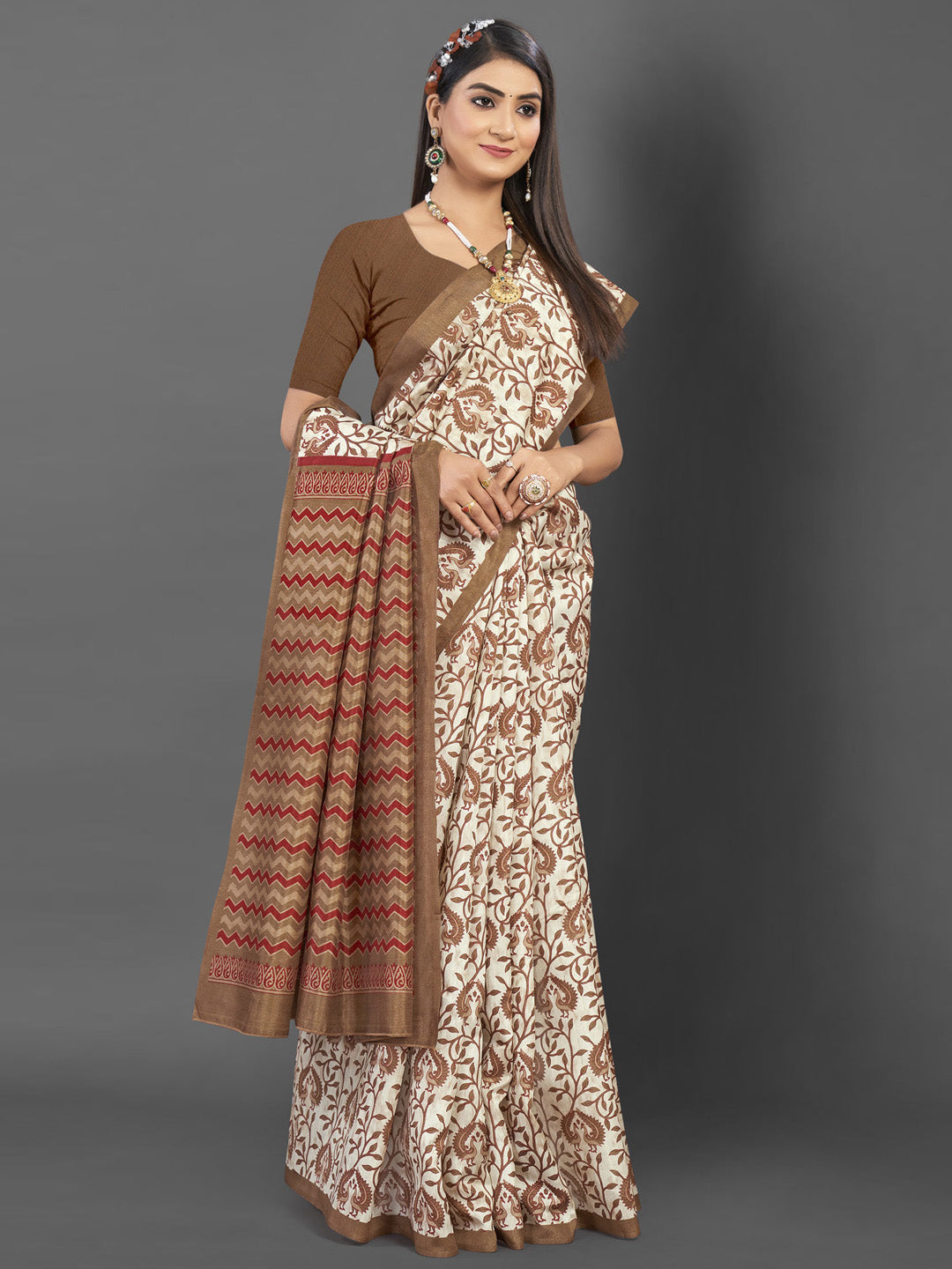 Bhagalpuri Silk Off White Printed Designer Saree With Blouse