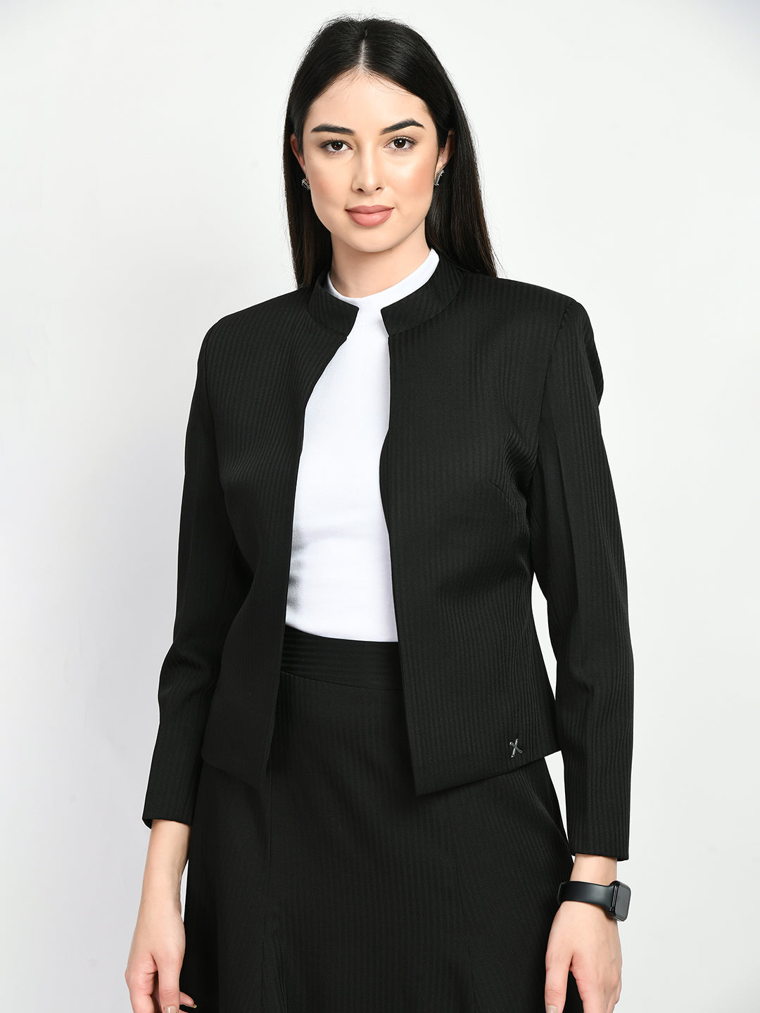 Exude Power Striped Mandarin Collar Short Blazer