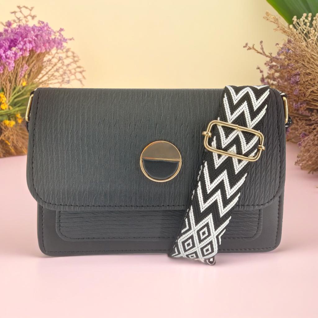 Black Light Weight Leather Sling Crossbody Bag For Women