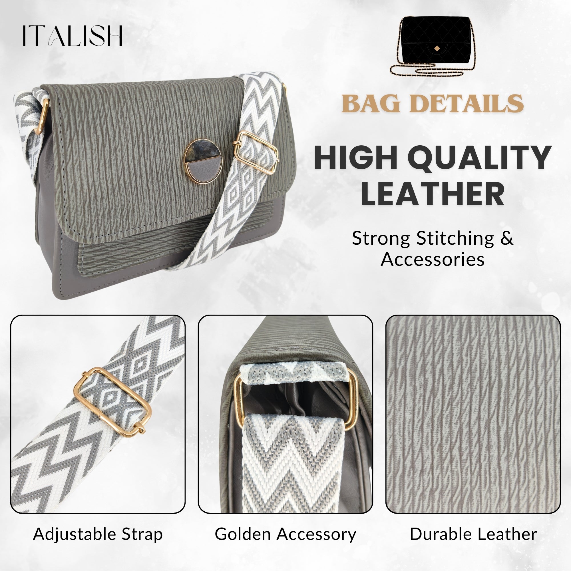 Grey Light Weight Leather Sling Crossbody Bag For Women