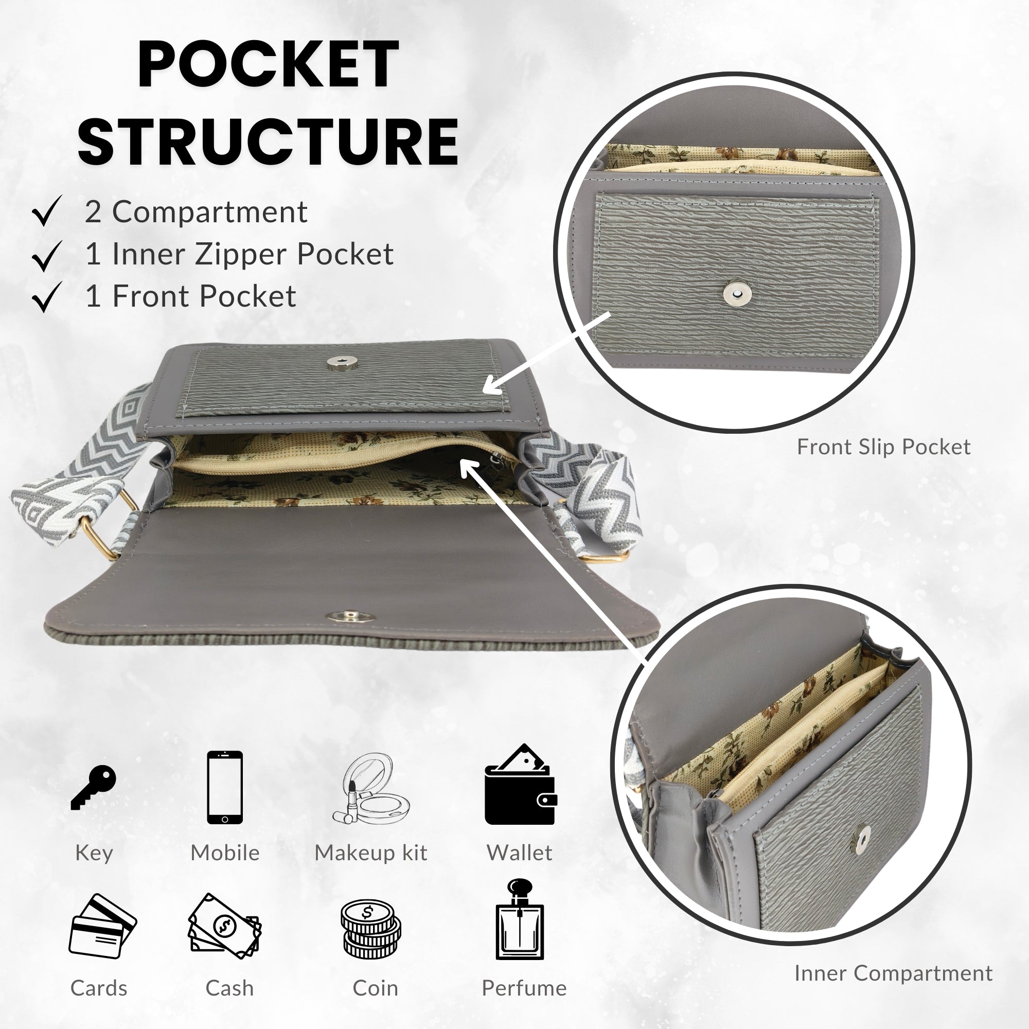 Grey Light Weight Leather Sling Crossbody Bag For Women