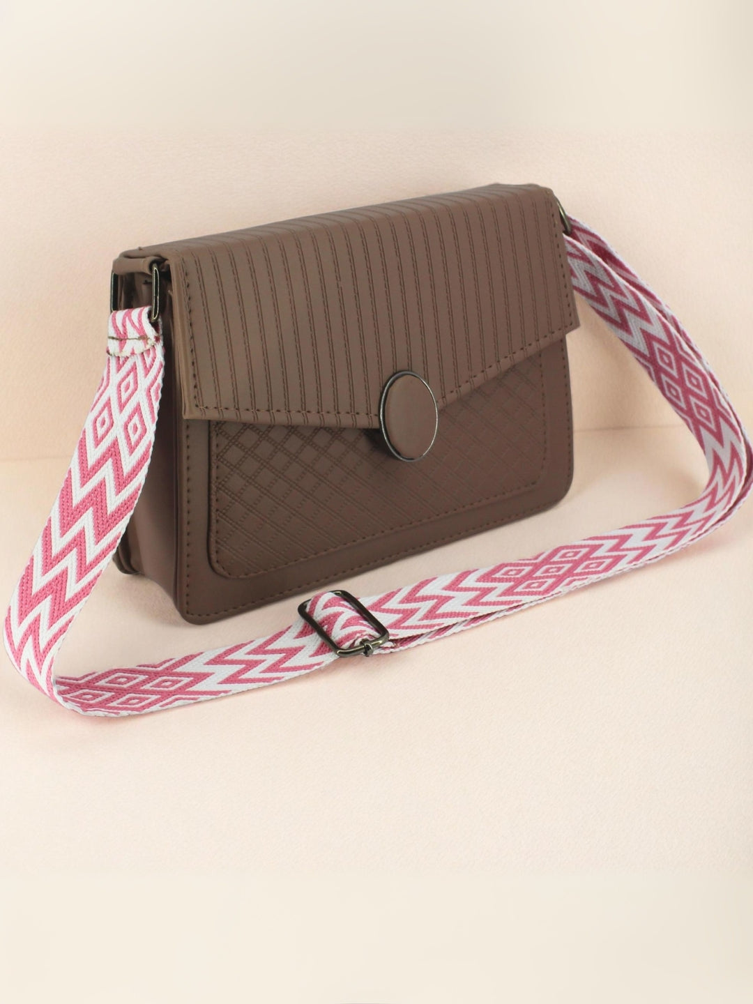 Darkbrown Quilted Pattern Sling Crossbody Bag With Strap