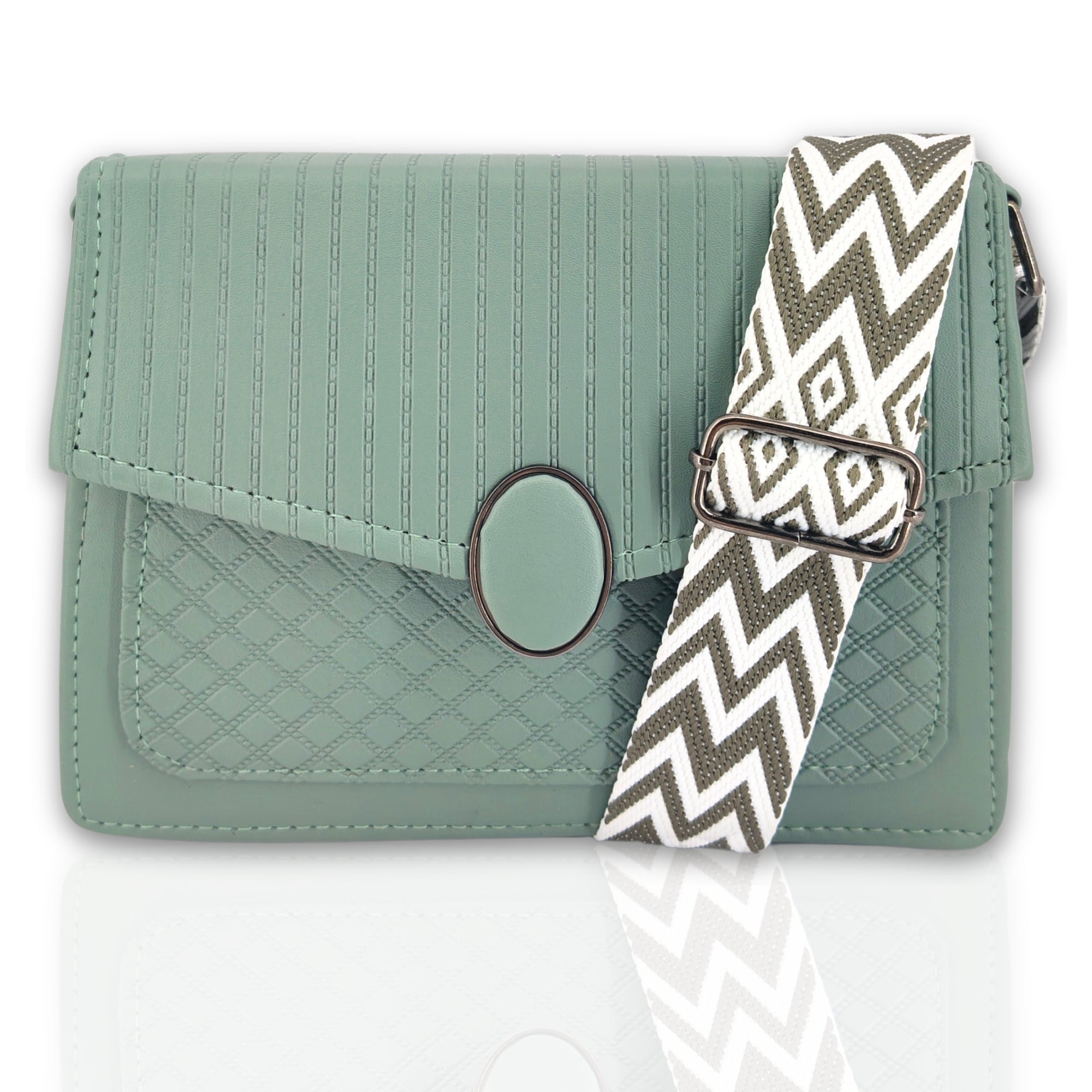 Green Quilted Pattern Sling Crossbody Bag With Strap